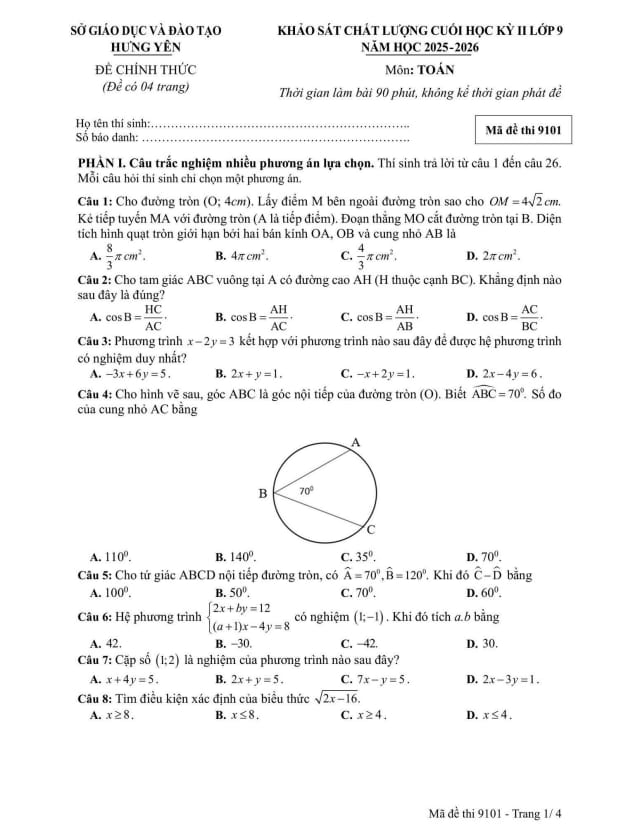đề cuối học kỳ 2 toán 9 năm 2025 – 2026 sở gd&đt hưng yên