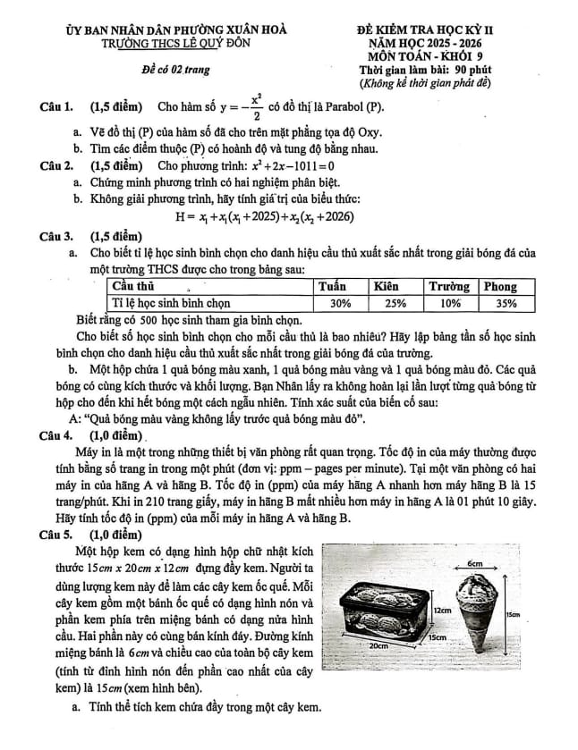 đề cuối học kỳ 2 toán 9 năm 2025 – 2026 trường thcs lê quý đôn – tp hcm