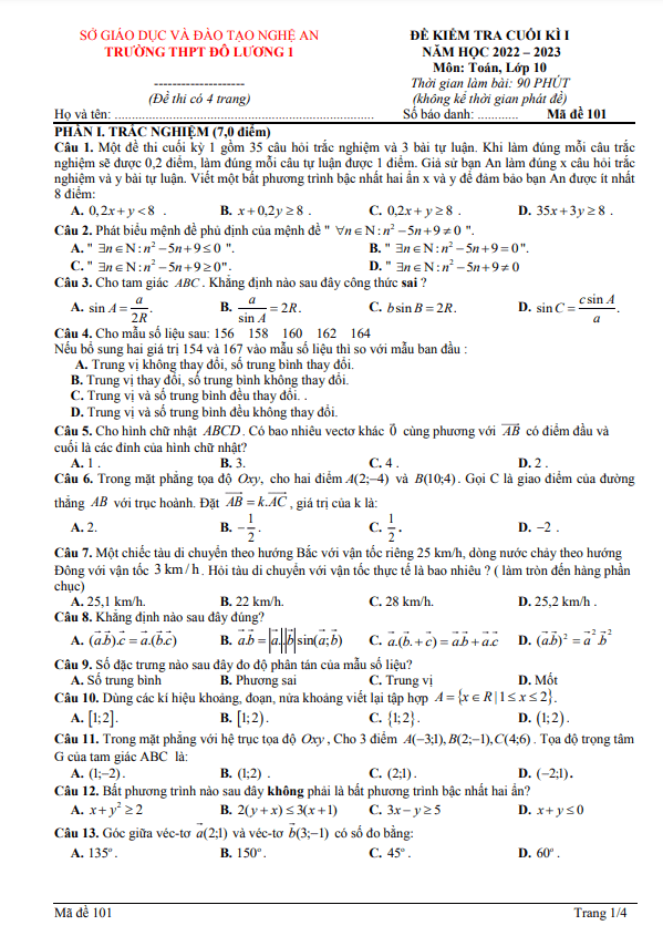 đề cuối kì 1 toán 10 năm 2022 – 2023 trường thpt đô lương 1 – nghệ an