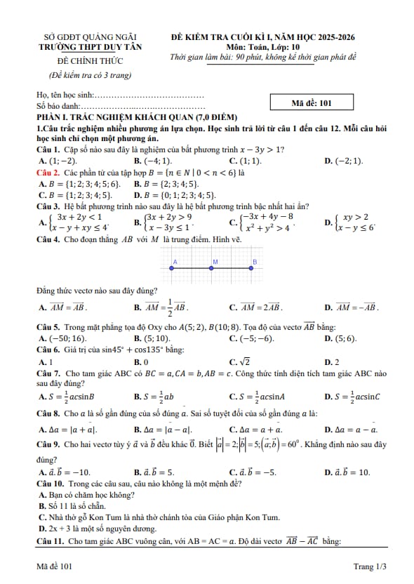 đề cuối kì 1 toán 10 năm 2025 – 2026 trường thpt duy tân – quảng ngãi