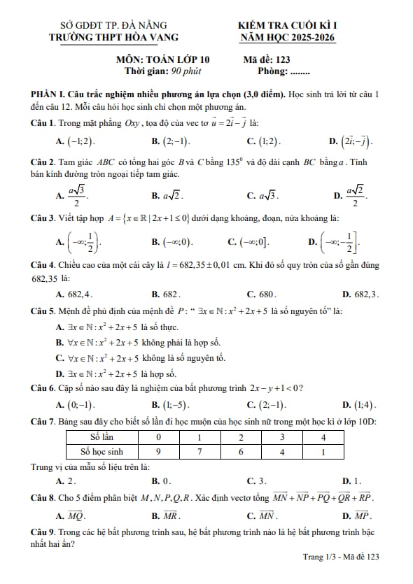 đề cuối kì 1 toán 10 năm 2025 – 2026 trường thpt hòa vang – đà nẵng