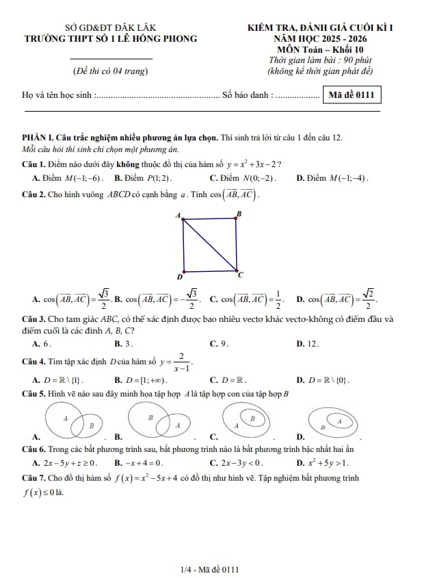 đề cuối kì 1 toán 10 năm 2025 – 2026 trường thpt lê hồng phong 1 – đắk lắk
