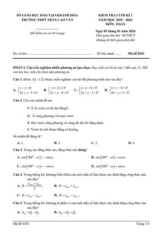 đề cuối kì 1 toán 10 năm 2025 – 2026 trường thpt trần cao vân – khánh hòa