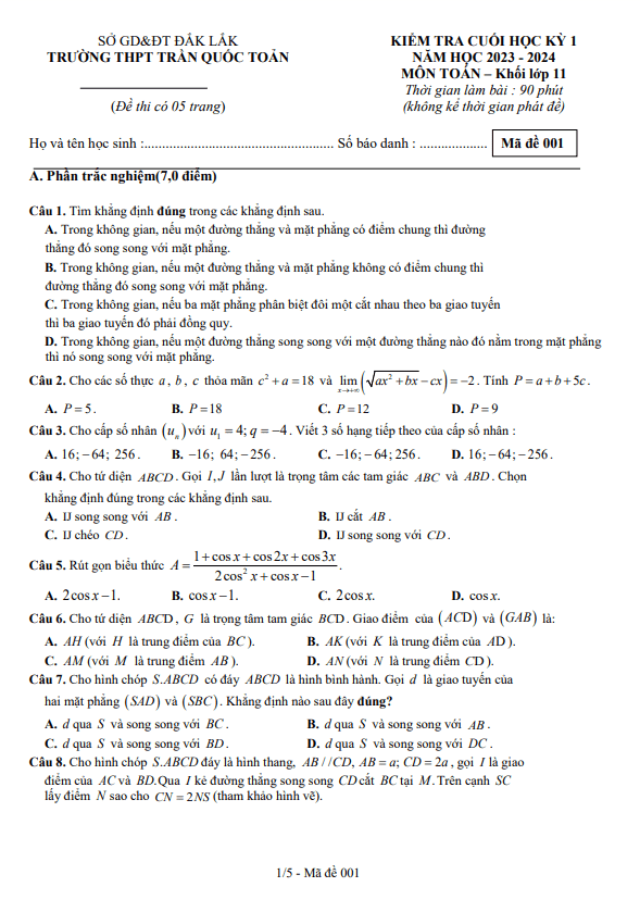 đề cuối kì 1 toán 11 năm 2023 – 2024 trường thpt trần quốc toản – đắk lắk