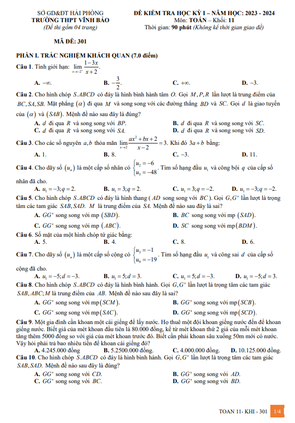 đề cuối kì 1 toán 11 năm 2023 – 2024 trường thpt vĩnh bảo – hải phòng