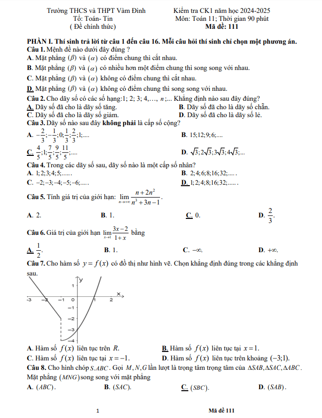 đề cuối kì 1 toán 11 năm 2024 – 2025 trường thcs & thpt vàm đình – cà mau