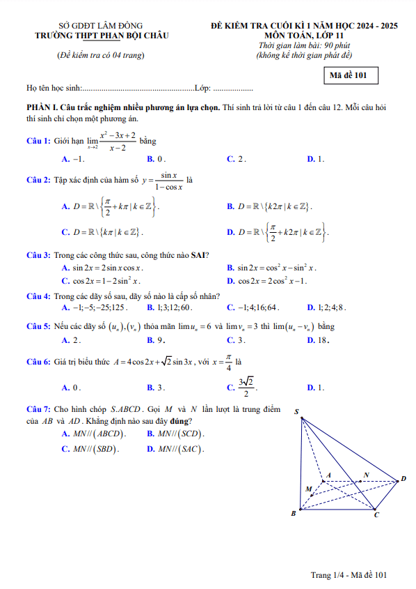 đề cuối kì 1 toán 11 năm 2024 – 2025 trường thpt phan bội châu – lâm đồng