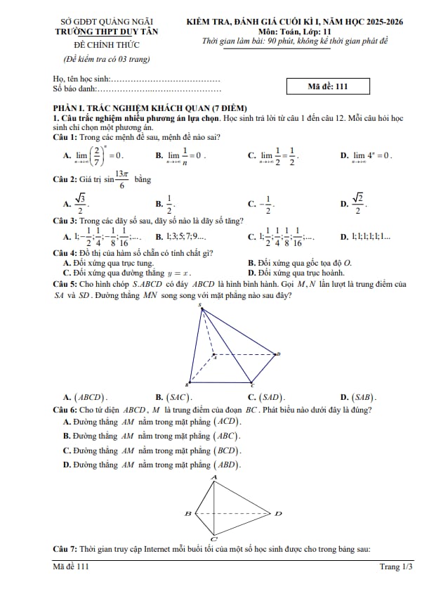 đề cuối kì 1 toán 11 năm 2025 – 2026 trường thpt duy tân – quảng ngãi