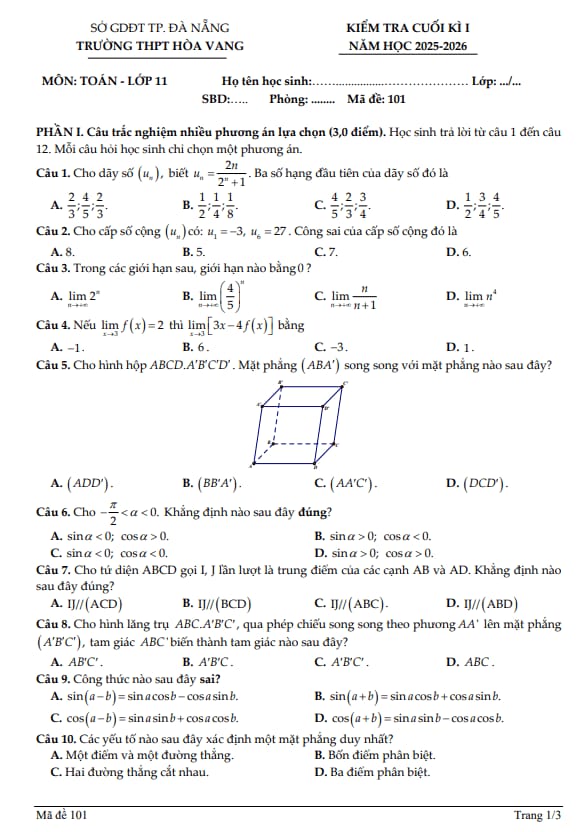 đề cuối kì 1 toán 11 năm 2025 – 2026 trường thpt hòa vang – đà nẵng