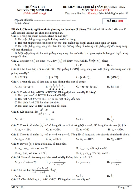 đề cuối kì 1 toán 11 năm 2025 – 2026 trường thpt nguyễn thị minh khai – hà tĩnh