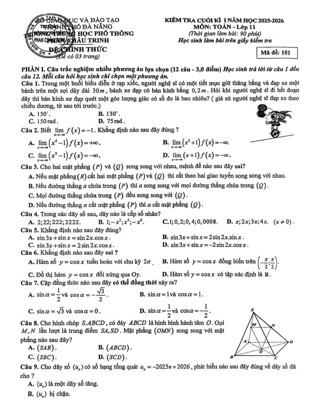 đề cuối kì 1 toán 11 năm 2025 – 2026 trường thpt phan châu trinh – đà nẵng
