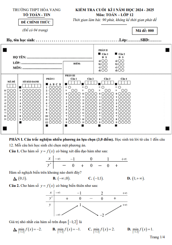 đề cuối kì 1 toán 12 năm 2024 – 2025 trường thpt hòa vang – đà nẵng