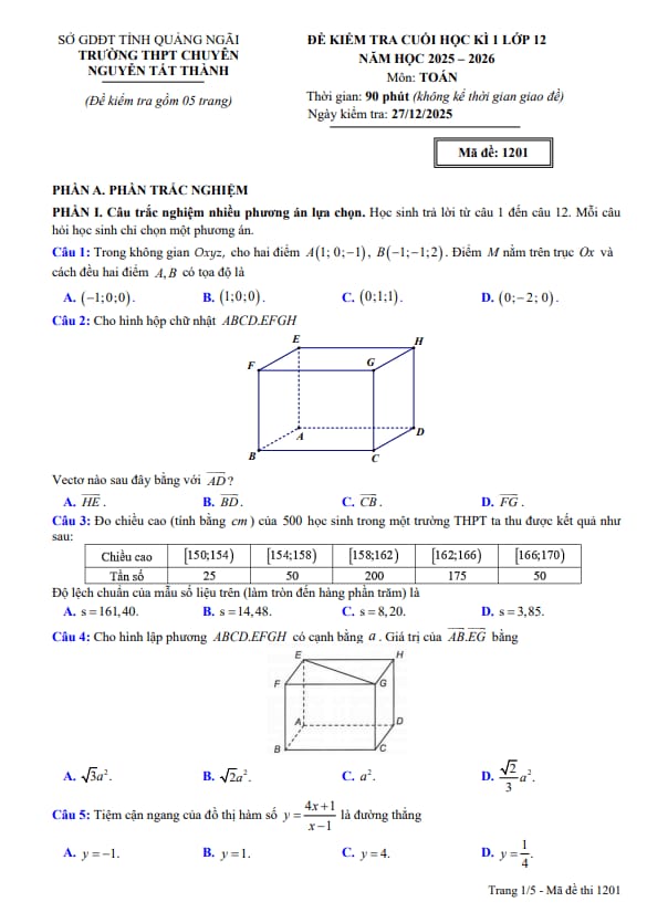 đề cuối kì 1 toán 12 năm 2025 – 2026 trường chuyên nguyễn tất thành – quảng ngãi