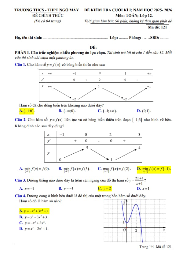 đề cuối kì 1 toán 12 năm 2025 – 2026 trường thcs-thpt ngô mây – quảng ngãi