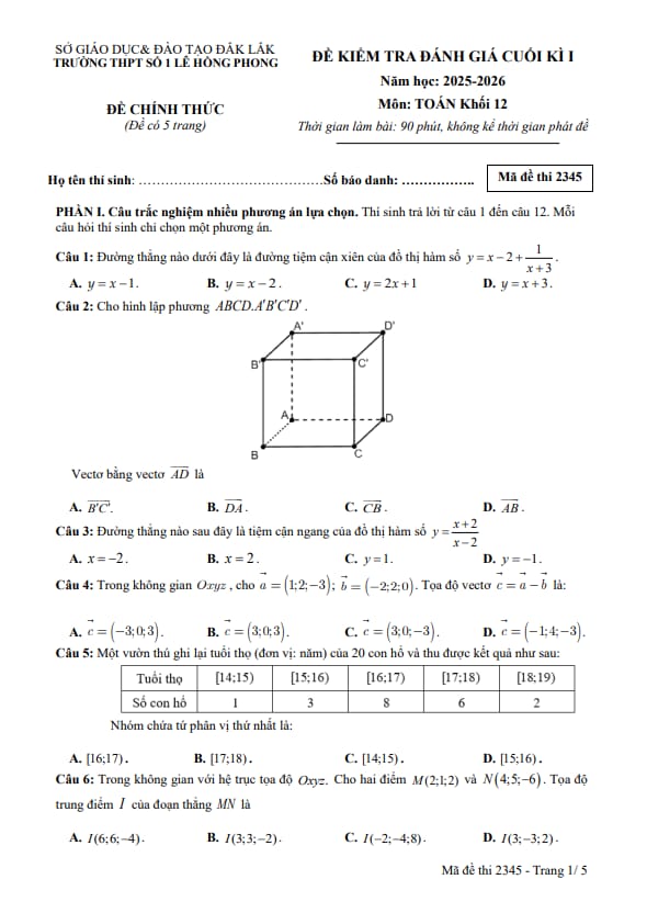 đề cuối kì 1 toán 12 năm 2025 – 2026 trường thpt lê hồng phong 1 – đắk lắk