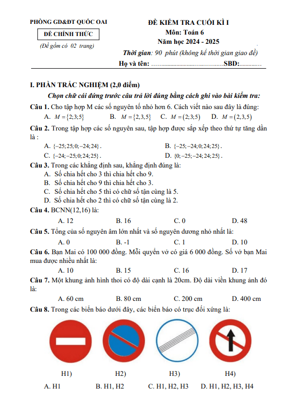 đề cuối kì 1 toán 6 năm 2024 – 2025 phòng gd&đt quốc oai – hà nội