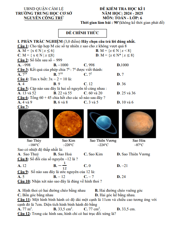 đề cuối kì 1 toán 6 năm 2024 – 2025 trường thcs nguyễn công trứ – đà nẵng