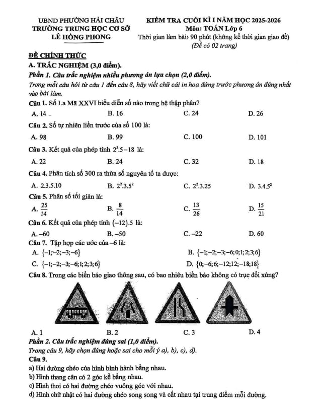 đề cuối kì 1 toán 6 năm 2025 – 2026 trường thcs lê hồng phong – đà nẵng