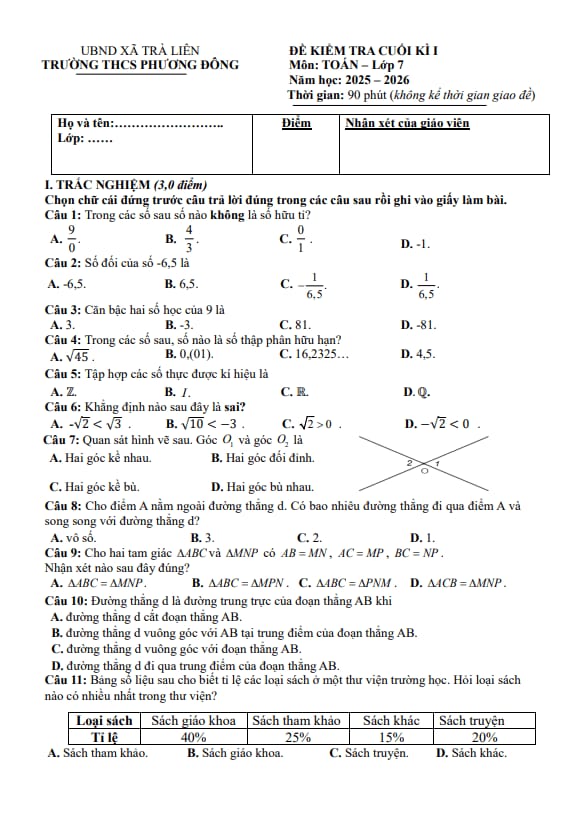 đề cuối kì 1 toán 7 năm 2025 – 2026 trường thcs phương đông – đà nẵng