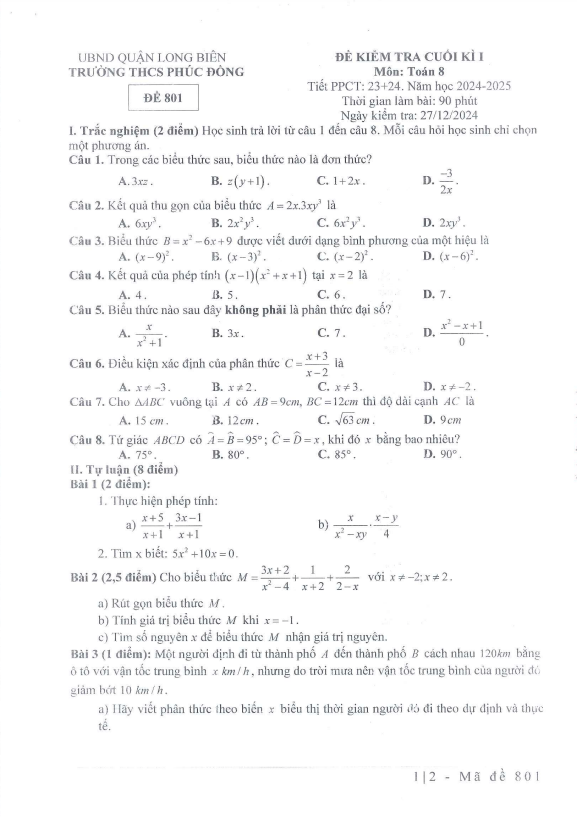 đề cuối kì 1 toán 8 năm 2024 – 2025 trường thcs phúc đồng – hà nội