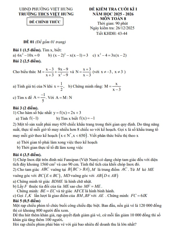đề cuối kì 1 toán 8 năm 2025 – 2026 trường thcs việt hưng – hà nội