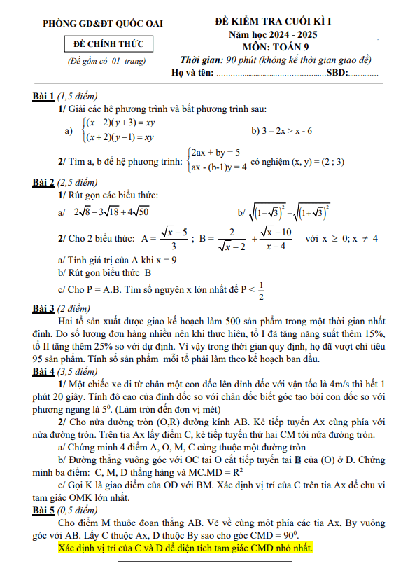 đề cuối kì 1 toán 9 năm 2024 – 2025 phòng gd&đt quốc oai – hà nội