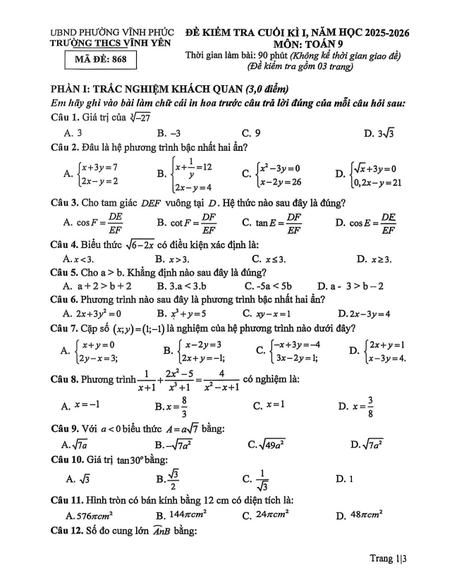 đề cuối kì 1 toán 9 năm 2025 – 2026 trường thcs vĩnh yên – phú thọ