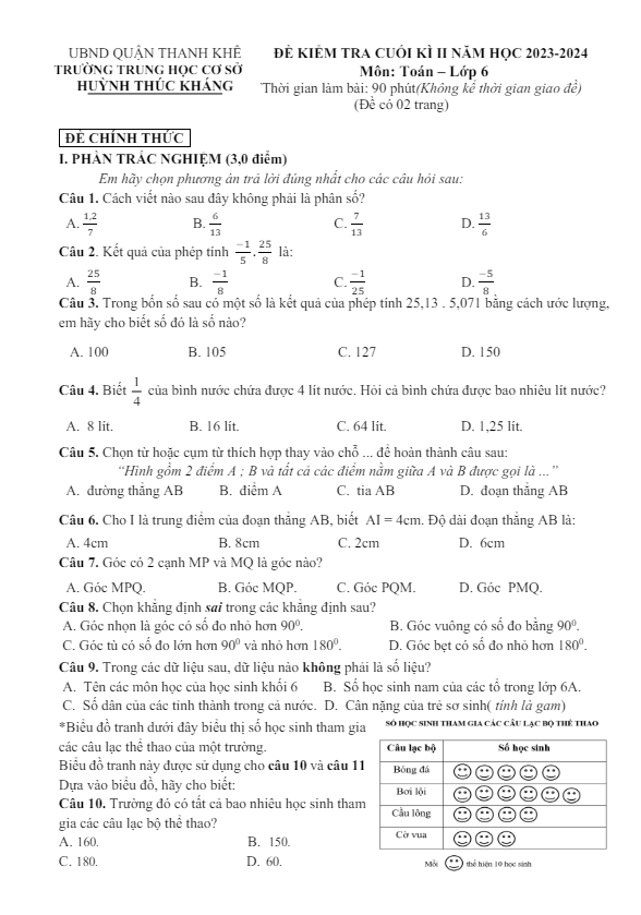 đề cuối kì 2 toán 6 năm 2023 – 2024 trường thcs huỳnh thúc kháng – đà nẵng