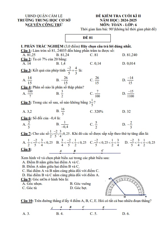 đề cuối kì 2 toán 6 năm 2024 – 2025 trường thcs nguyễn công trứ – đà nẵng