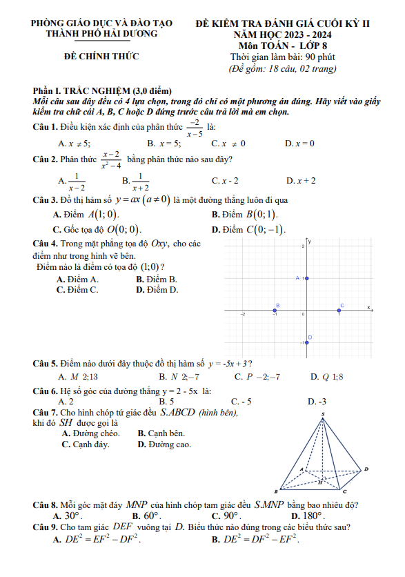 đề cuối kì 2 toán 8 năm 2023 – 2024 phòng gd&đt thành phố hải dương