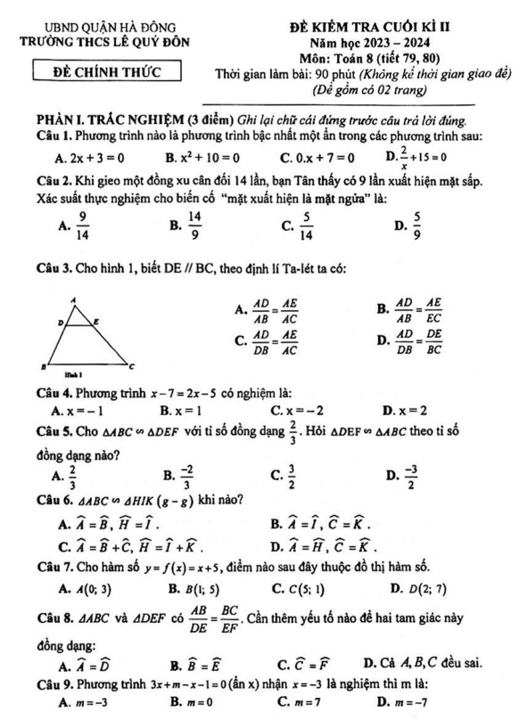 đề cuối kì 2 toán 8 năm 2023 – 2024 trường thcs lê quý đôn – hà nội