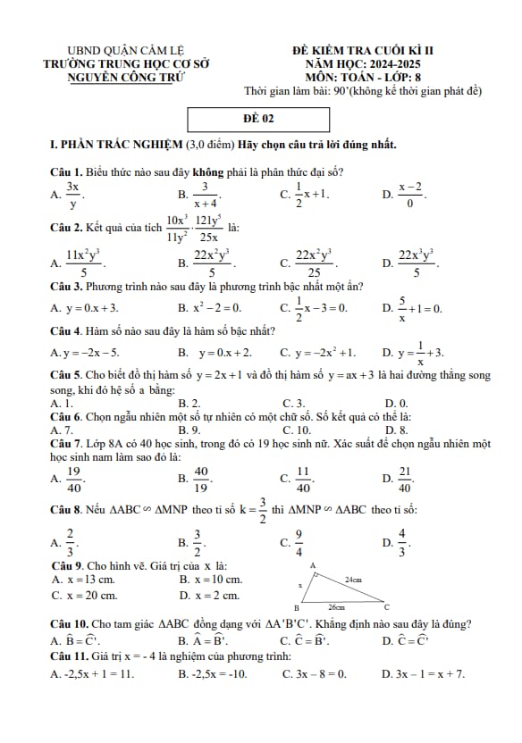 đề cuối kì 2 toán 8 năm 2024 – 2025 trường thcs nguyễn công trứ – đà nẵng
