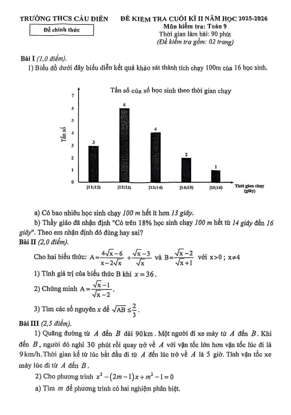 đề cuối kì 2 toán 9 năm 2025 – 2026 trường thcs cầu diễn – hà nội