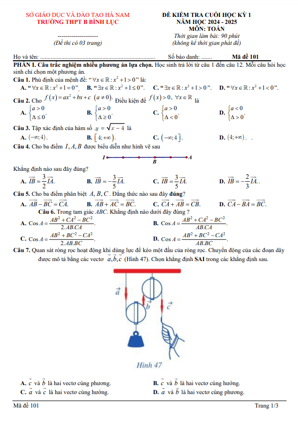 đề cuối kỳ 1 toán 10 năm 2024 – 2025 trường thpt b bình lục – hà nam