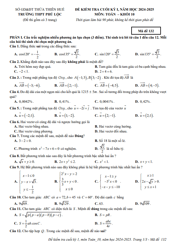 đề cuối kỳ 1 toán 10 năm 2024 – 2025 trường thpt phú lộc – tt huế