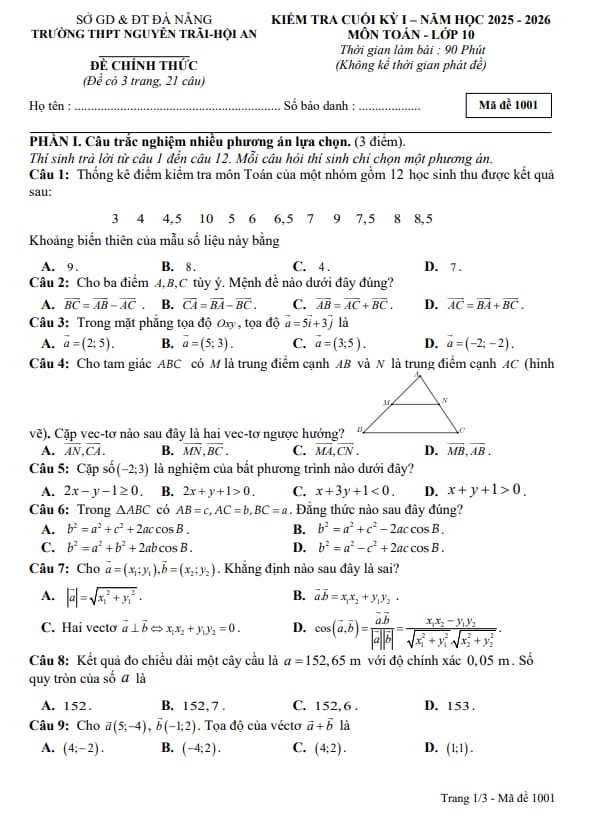 đề cuối kỳ 1 toán 10 năm 2025 – 2026 trường thpt nguyễn trãi – đà nẵng