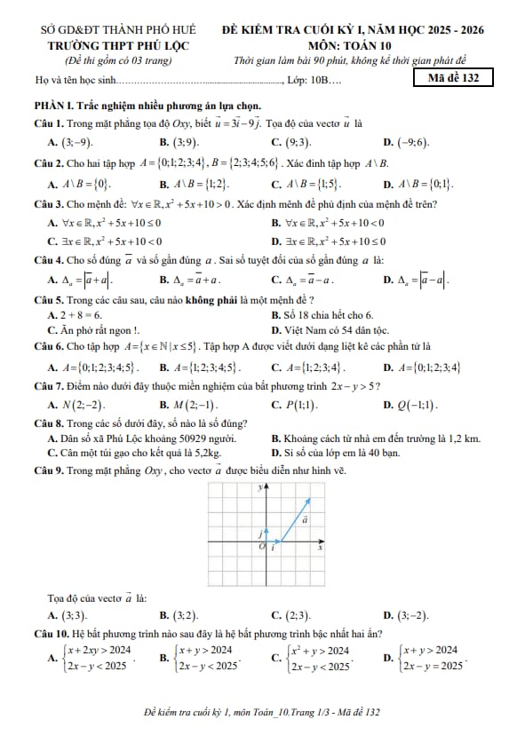 đề cuối kỳ 1 toán 10 năm 2025 – 2026 trường thpt phú lộc – huế