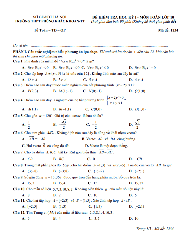 đề cuối kỳ 1 toán 10 năm 2025 – 2026 trường thpt phùng khắc khoan – hà nội