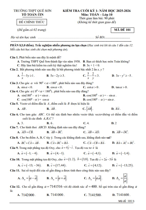 đề cuối kỳ 1 toán 10 năm 2025 – 2026 trường thpt quế sơn – đà nẵng
