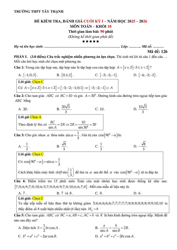 đề cuối kỳ 1 toán 10 năm 2025 – 2026 trường thpt tây thạnh – tp hcm