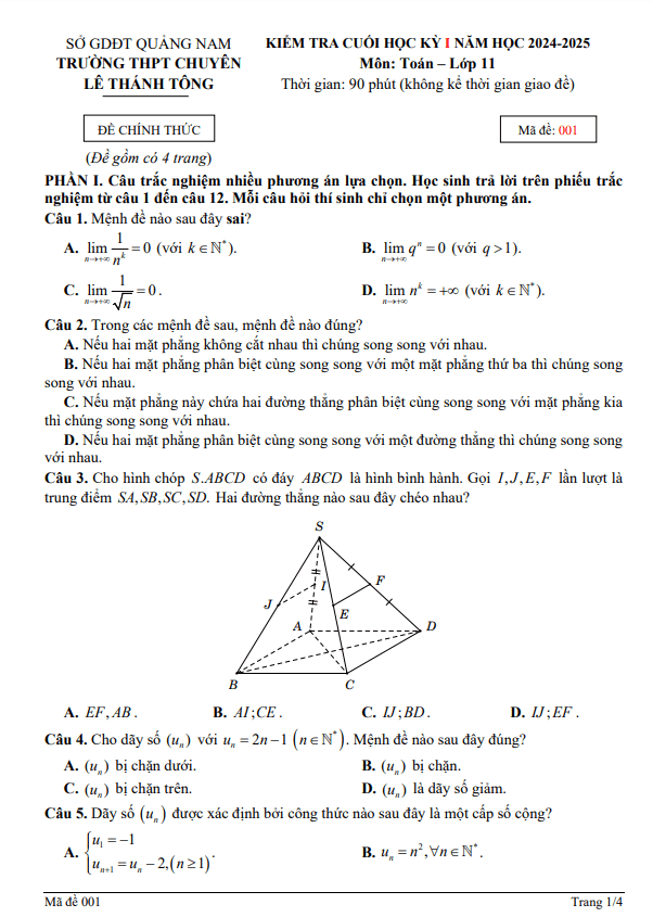 đề cuối kỳ 1 toán 11 năm 2024 – 2025 trường chuyên lê thánh tông – quảng nam