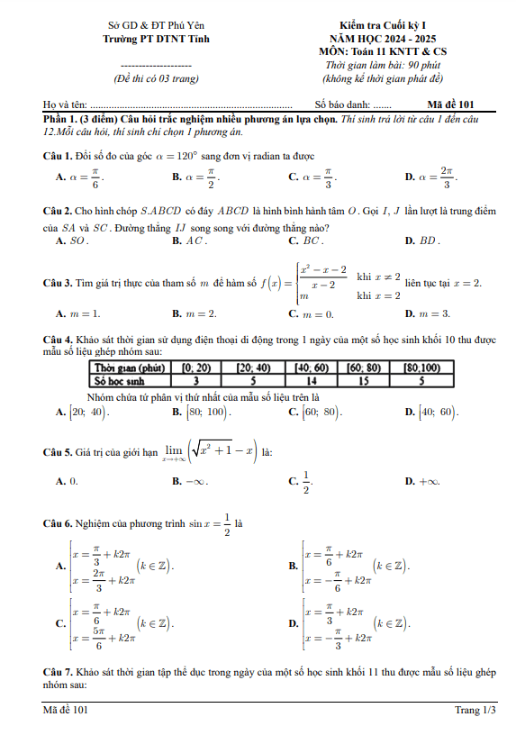 đề cuối kỳ 1 toán 11 năm 2024 – 2025 trường pt dtnt tỉnh phú yên