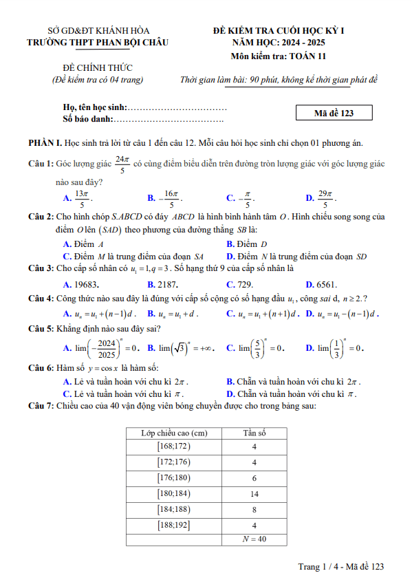 đề cuối kỳ 1 toán 11 năm 2024 – 2025 trường thpt phan bội châu – khánh hòa