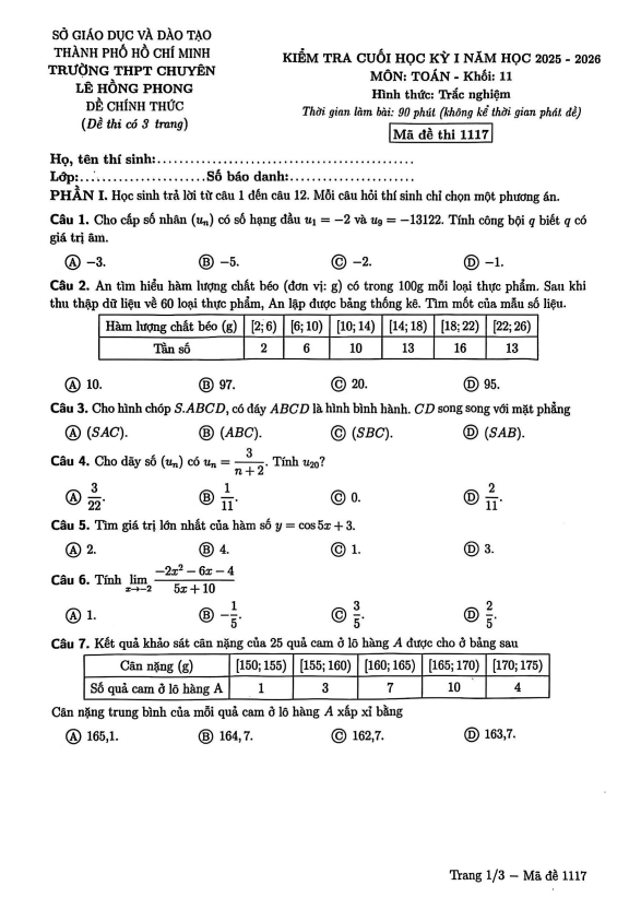 đề cuối kỳ 1 toán 11 năm 2025 – 2026 trường chuyên lê hồng phong – tp hcm