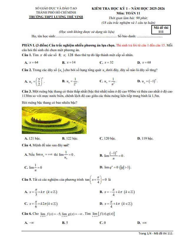 đề cuối kỳ 1 toán 11 năm 2025 – 2026 trường thpt lương thế vinh – tp hcm