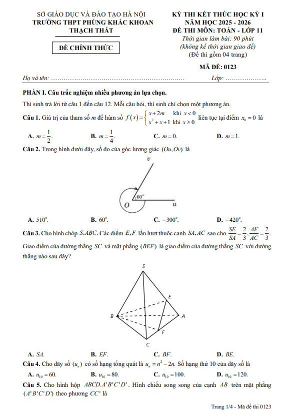 đề cuối kỳ 1 toán 11 năm 2025 – 2026 trường thpt phùng khắc khoan – hà nội