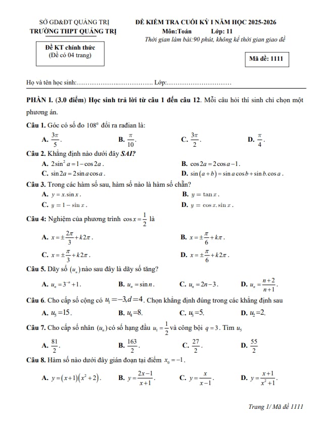 đề cuối kỳ 1 toán 11 năm 2025 – 2026 trường thpt quảng trị – quảng trị