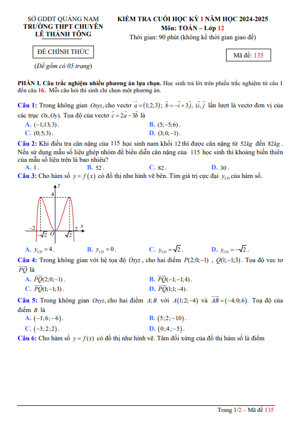 đề cuối kỳ 1 toán 12 năm 2024 – 2025 trường chuyên lê thánh tông – quảng nam