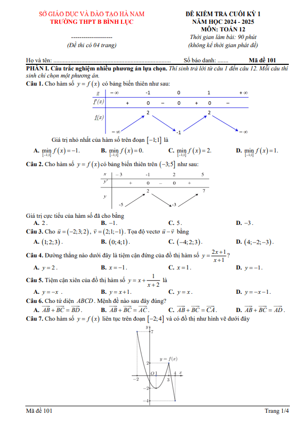 đề cuối kỳ 1 toán 12 năm 2024 – 2025 trường thpt b bình lục – hà nam