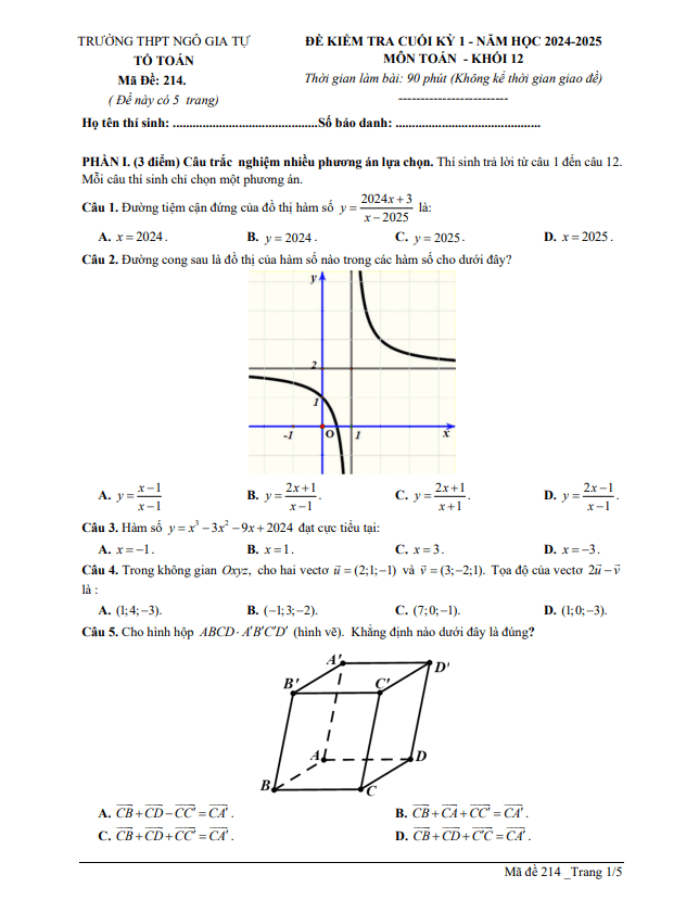 đề cuối kỳ 1 toán 12 năm 2024 – 2025 trường thpt ngô gia tự – phú yên